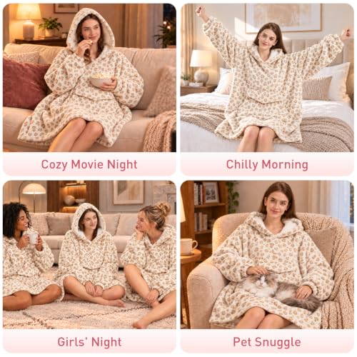 Wearable Blanket Hoodie Oversized Hoodie for Women Men - Yellow Leopard Print