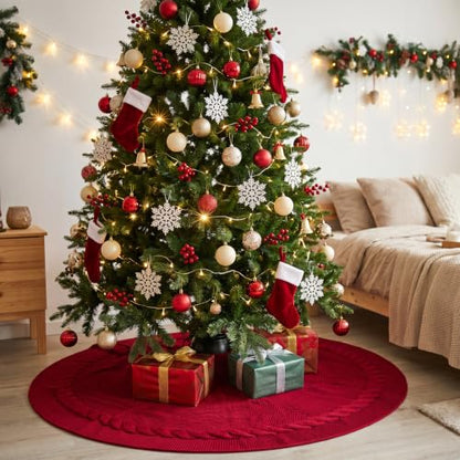 Benjia 48 Inch Knitted Christmas Tree Skirt Red 120cm Rustic Holiday Decor