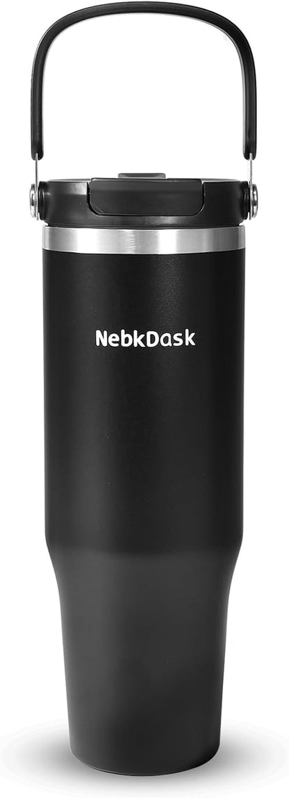 Skiennix 40 Oz Insulated Stainless Steel Water Bottle - 2-in-1 Straw & Spout Lid, Leak-Proof, Black