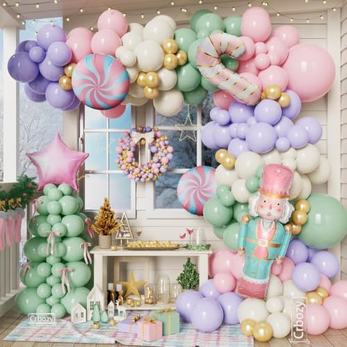Pastel Christmas Balloon Garland Arch Kit – 176 Pcs with Nutcracker & Candy Cane Foil Balloons – Green, Pink, Purple (Variation: Green Pink Purple)