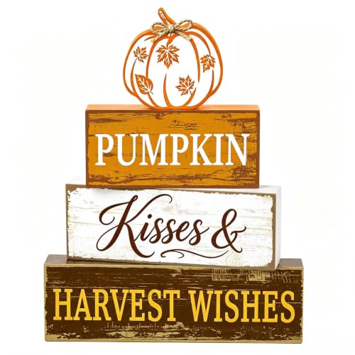Fall Pumpkin Wooden Block Signs Set with Heartwarming Message - Autumn Decor