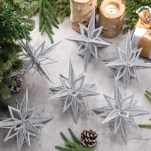 Silver Christmas Bethlehem Star Ornaments - 6 Pack, 7.5 Inches, Holiday Decor