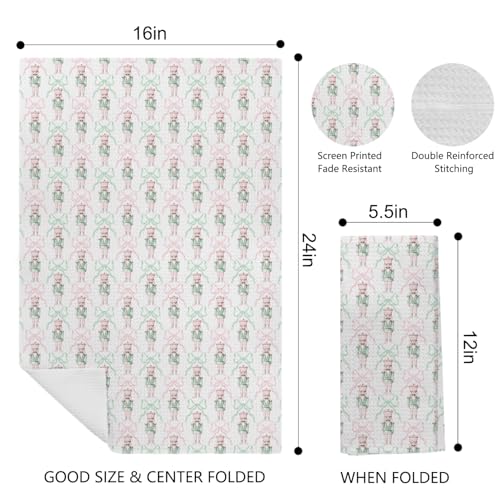Kemingni Pink and Green Christmas Kitchen Towels Set of 4 - Holiday Hand Towels with Nutcracker & Gingerbread Design, 16x24 Inches, Color 05