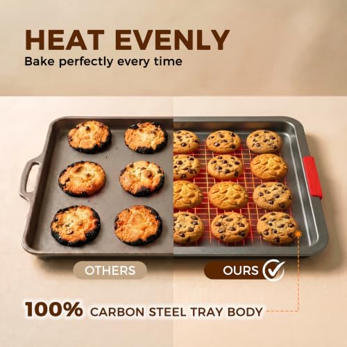 Nonstick Cookie Sheet Set of 3 - Carbon Steel Baking Pans with Lychee Handles, Gray Variation