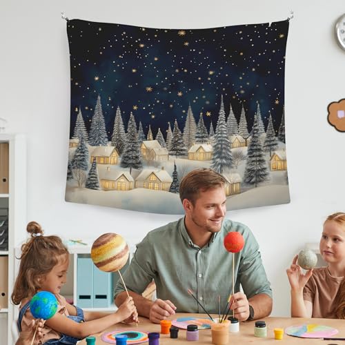 Vintage Christmas Winter Village Tapestry Wall Hanging - Rustic Snow Scene, 50x60 Inches - Winter Country Variation