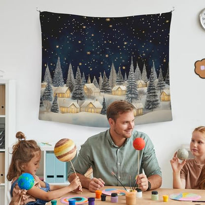 Vintage Christmas Winter Village Tapestry Wall Hanging - Rustic Snow Scene, 50x60 Inches - Winter Country Variation