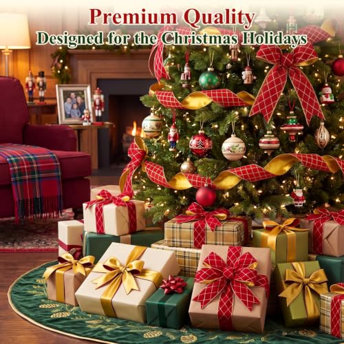 Diamond Grid Velvet Wired Christmas Ribbon - Red Gold Check, 2 Rolls, 2.76" x 10 Yards