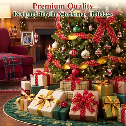 Diamond Grid Velvet Wired Christmas Ribbon - Red Gold Check, 2 Rolls, 2.76" x 10 Yards