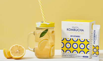 KOMBUCHA DRINK Lemon Kombucha Tea, 30 sticks x 5 grams, Zero Sugar, Health Ade, Sparkling Fermented Tea Powdered Mix, Live Probiotics & Prebiotics, Healthy Drinks, Product of Korea