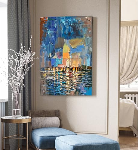 Limiyer Art Hand-Painted Abstract Landscape Oil Painting Sea Landscape Modern Abstract Art Home Wall Decoration 40x28 Inches