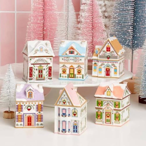 Christmas Village Spice House Set - Holiday Ceramic Decor for Kitchen & Tabletop, 6 Pieces