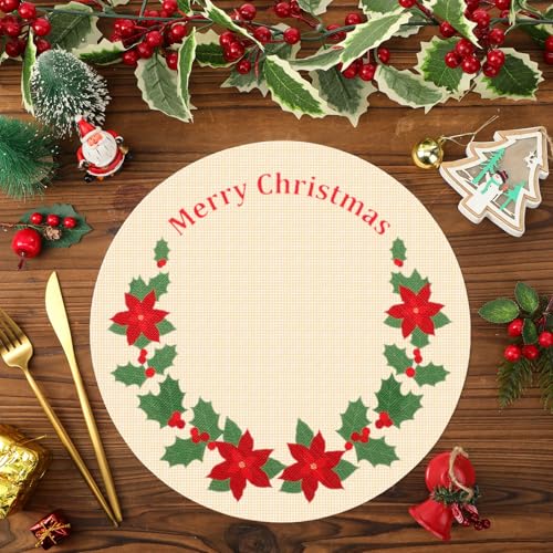 Set of 8 Christmas Poinsettia Round Placemat Protectors - Red & Green Embroidered Table Mats