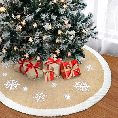 48 Inch Christmas Tree Skirt Burlap Snowflake Farmhouse Decor with Fur Edge