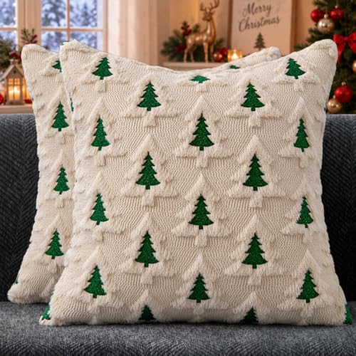 Christmas Pillow Covers 18x18 Set of 2 Beige Faux Fur Holiday Decor