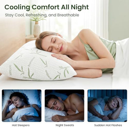 Queen Size Cooling Shredded Memory Foam Pillows Set of 2 - Adjustable Support with Washable Cover