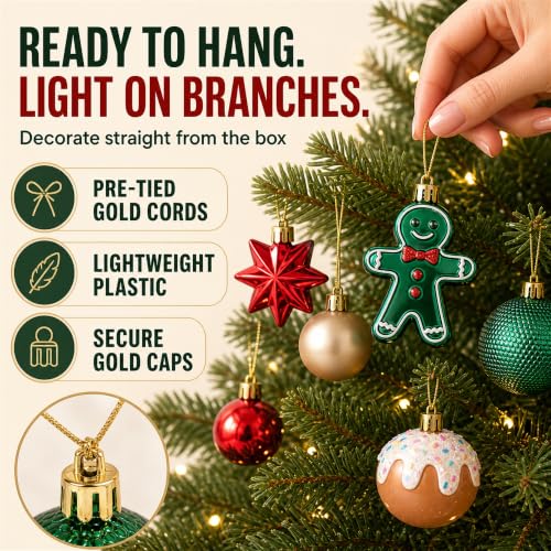 42 Pack Shatterproof Christmas Ornaments - Red & Gold Luxury Tree Decorations with Pre-Tied Strings