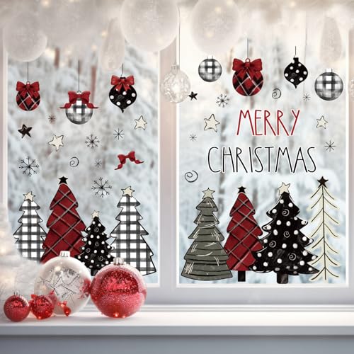 Merry Christmas Window Clings Set - Red Black Plaid Holiday Decor - 9 Sheets, 7.9 x 11.8 Inch - Double-Sided Christmas Stickers - Festive Home & Party Decorations - Variation of This Listing