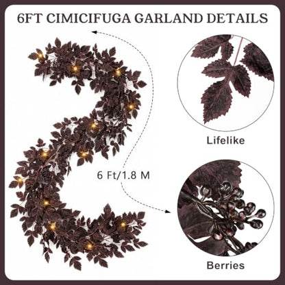 Fall Plum Garland with Lights - 6Ft Autumn Decor for Mantle & Home