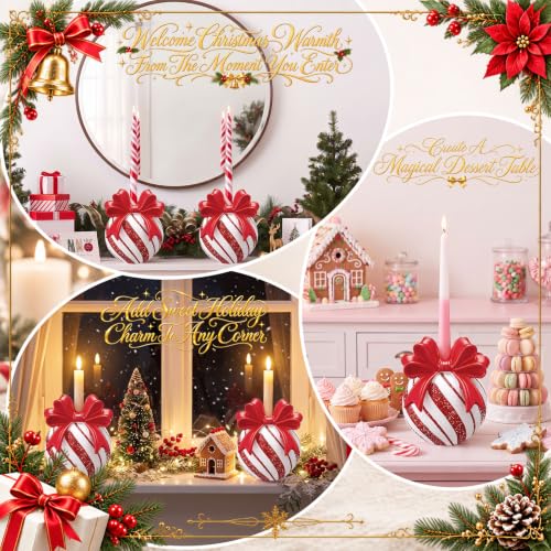 Christmas Bow Candy Ball Candle Holders - Set of 2 Red White Resin Holiday Decor