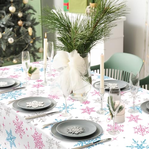 Christmas Snowflake Tablecloth Set - Pink & Blue Winter Holiday Decor, 54 x 108 Inch, 3 Pieces