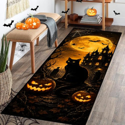 Halloween Pumpkin Black Cat Runner Rug 3D Non-Slip 2x6ft Pattern-1
