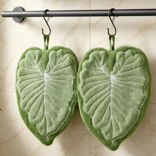Green Leaf Shaped Hanging Hand Towels with Loops - Light Green 2pcs