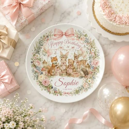 Personalized Girl Happy Birthday Plate with Woodland Animal Design - Custom Name Ceramic Keepsake