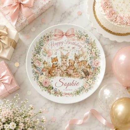 Personalized Girl Happy Birthday Plate with Woodland Animal Design - Custom Name Ceramic Keepsake