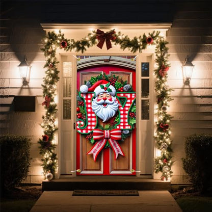 JOY Santa Face Door Cover with Gingham Letters - Red Christmas Decoration - Variation 01