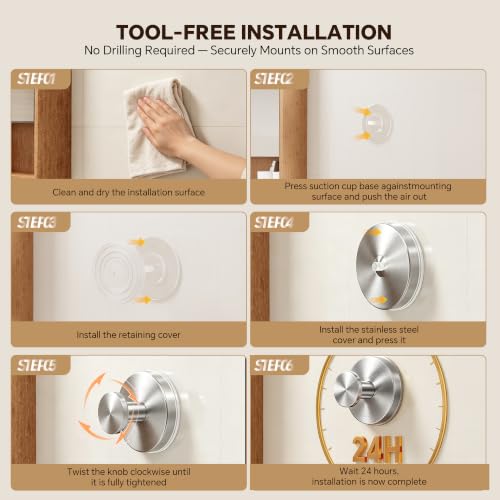 Brushed Silver 4 Pack Suction Cup Hooks for Bathroom No Drill Towel & Robe Hangers