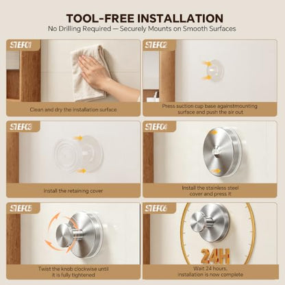 Brushed Silver 4 Pack Suction Cup Hooks for Bathroom No Drill Towel & Robe Hangers