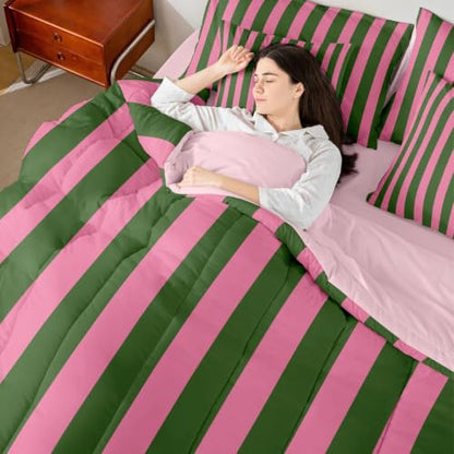 Bubblegum Pink & Green Striped Twin Bedding Set 7 Pieces for Kids & Girls