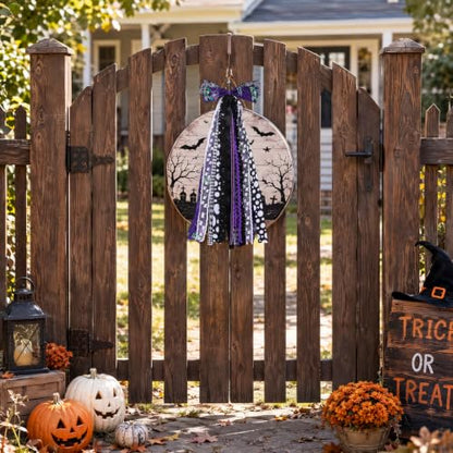 Halloween Wreath Sash for Front Door Black & Purple Ribbon Bows with Clip - Spooky Seasonal Decor