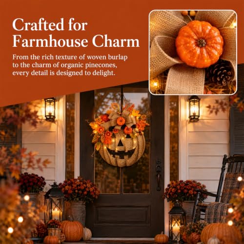 Lighted Burlap Pumpkin Wreath for Front Door - 14 Inch Halloween Fall Decor with Warm LED Lights - Rustic Autumn Wreath with Leaves, Pinecones, and Flowers - Variation of THIS listing