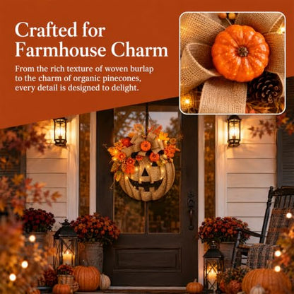 Lighted Burlap Pumpkin Wreath for Front Door - 14 Inch Halloween Fall Decor with Warm LED Lights - Rustic Autumn Wreath with Leaves, Pinecones, and Flowers - Variation of THIS listing