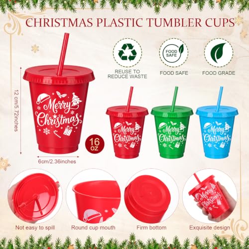 Christmas Plastic Tumblers 16oz Bulk Set with Gift Boxes & Ribbons - 24 Pack