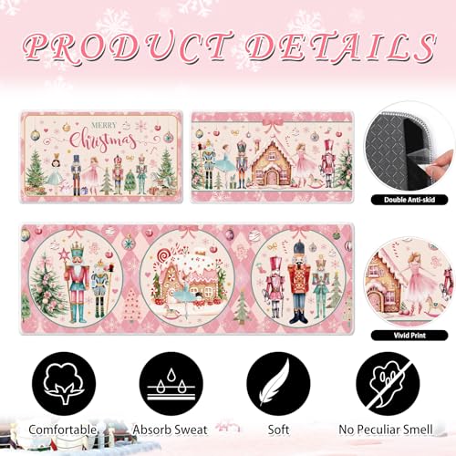 Christmas Nutcracker Kitchen Door Mats Set - Pink, Non-Slip, Washable, 16x28 & 16x47 Inches