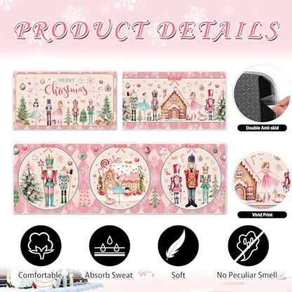 Christmas Nutcracker Kitchen Door Mats Set - Pink, Non-Slip, Washable, 16x28 & 16x47 Inches