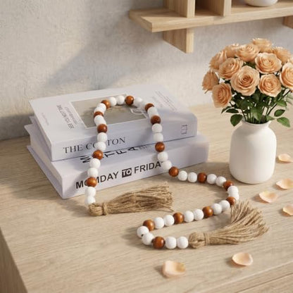 Wood Bead Garland - 39 Inch Farmhouse Boho Wall Decor with Jute Tassels