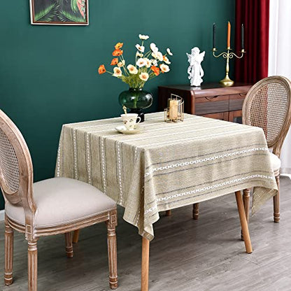 Farmhouse Embroidered Linen Texture Square Tablecloth 70x70 Inch Almond Buff