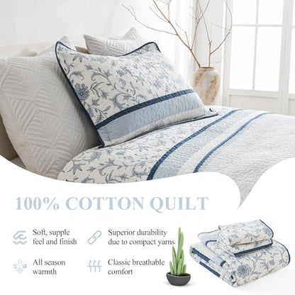 Oversized King Cotton Quilt Set with 2 Pillow Shams, Floral Design, Navy/Light Blue/White