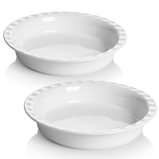 Onniyor Porcelain Pie Pans for Baking, 10.5 Inch Pie Dishes, 52 Ounce Non-Stick Pie Plates for Apple Pie, Pumpkin Pie, Pot Pie, Round Baking Dishes Pans for Dinner, Oven Safe, Set of 2, White