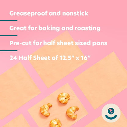 Parchment Paper by For Good | 24 Pre-Cut Half Sheets - Unbleached, Non-Toxic & Oven-Safe