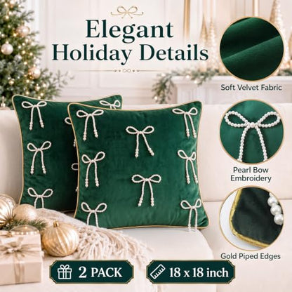 Dark Green Velvet Christmas Throw Pillow Covers with Pearl Bow Set - 18x18 Inches