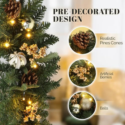 Gold Pre-lit 5-Piece Christmas Tree Set with LED Lights, Wreath & Garlands