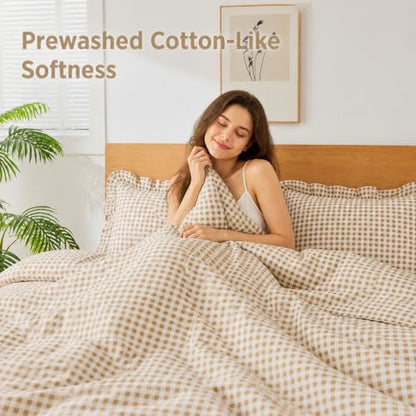 Queen Ruffle Gingham Comforter Set Tan Plaid Farmhouse Bedding Variation of THIS listing