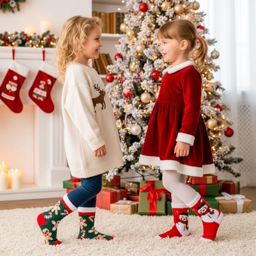 Girls Kids Fuzzy Socks with Grips Toddler Slipper Socks 6-8 Years - Red