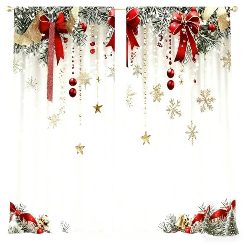 Christmas Window Curtains Set - Red Bows Snowflakes Pine Branches 75x166cm Variation of THIS listing