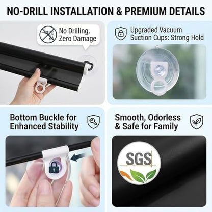 Blackout Window Shade with Suction Cups - No Drill, 30W x 78H - Black / Silver