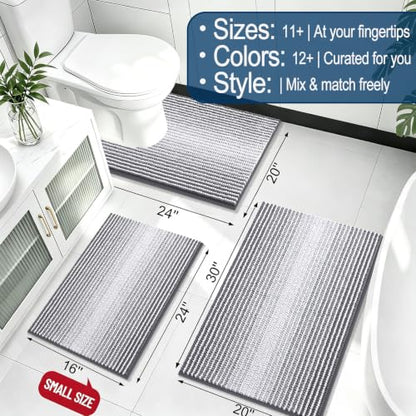 Extra Soft Chenille Bathroom Rug 30x20 Grey Striped Bath Mat - Modern & Absorbent